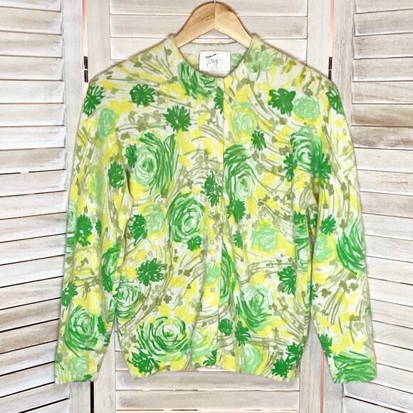 Vintage Lambswool Angora Floral Pearl Button Cardigan 40 M British Colony - Picture 5 of 10